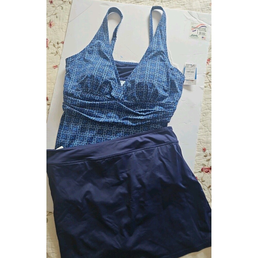 Lands' End Blue Mosaic Tile Print Tankini Swim Skirt Set SZ 16 NWT